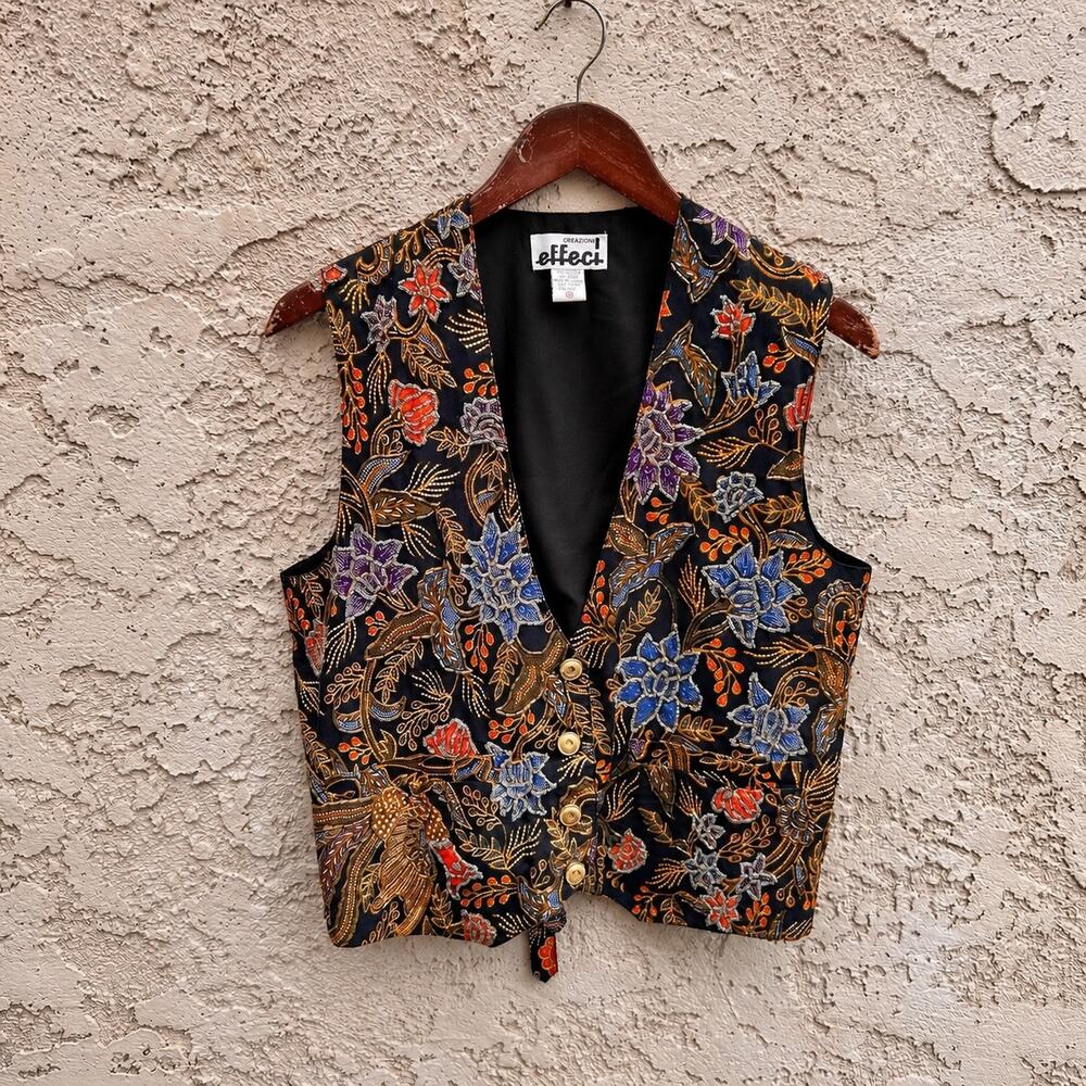 Vintage Batik Floral Button Front Vest Boho Hippie 90s Womens Medium